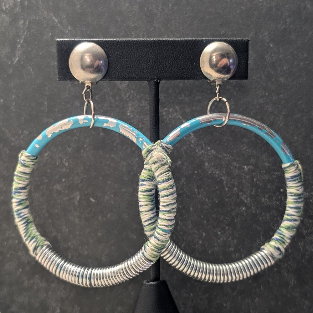 Vintage Clip On Earrings Extra Large Blue & Silver Tone - Condition Issues